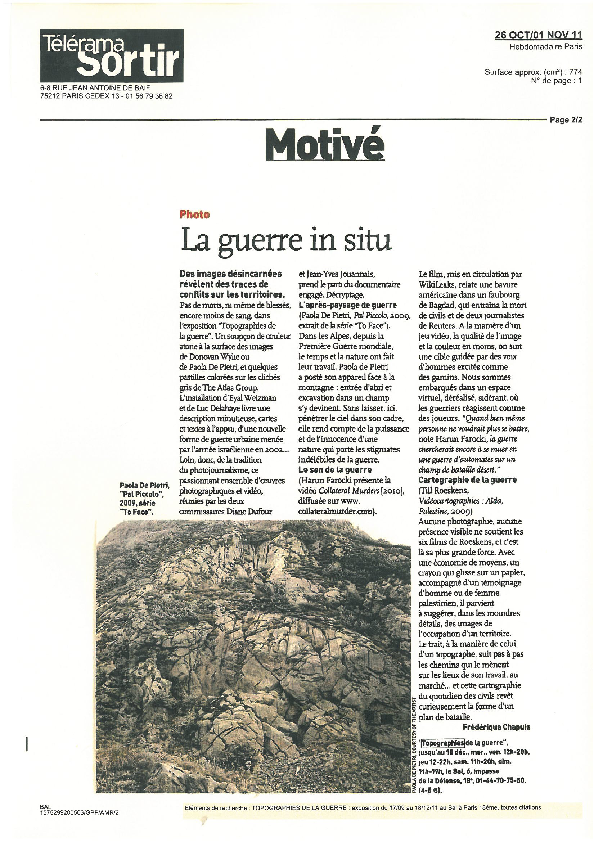 TOPOGRAPHIES, Télérama Sortir, Frédérique Chapuis, 26 octobre 2011